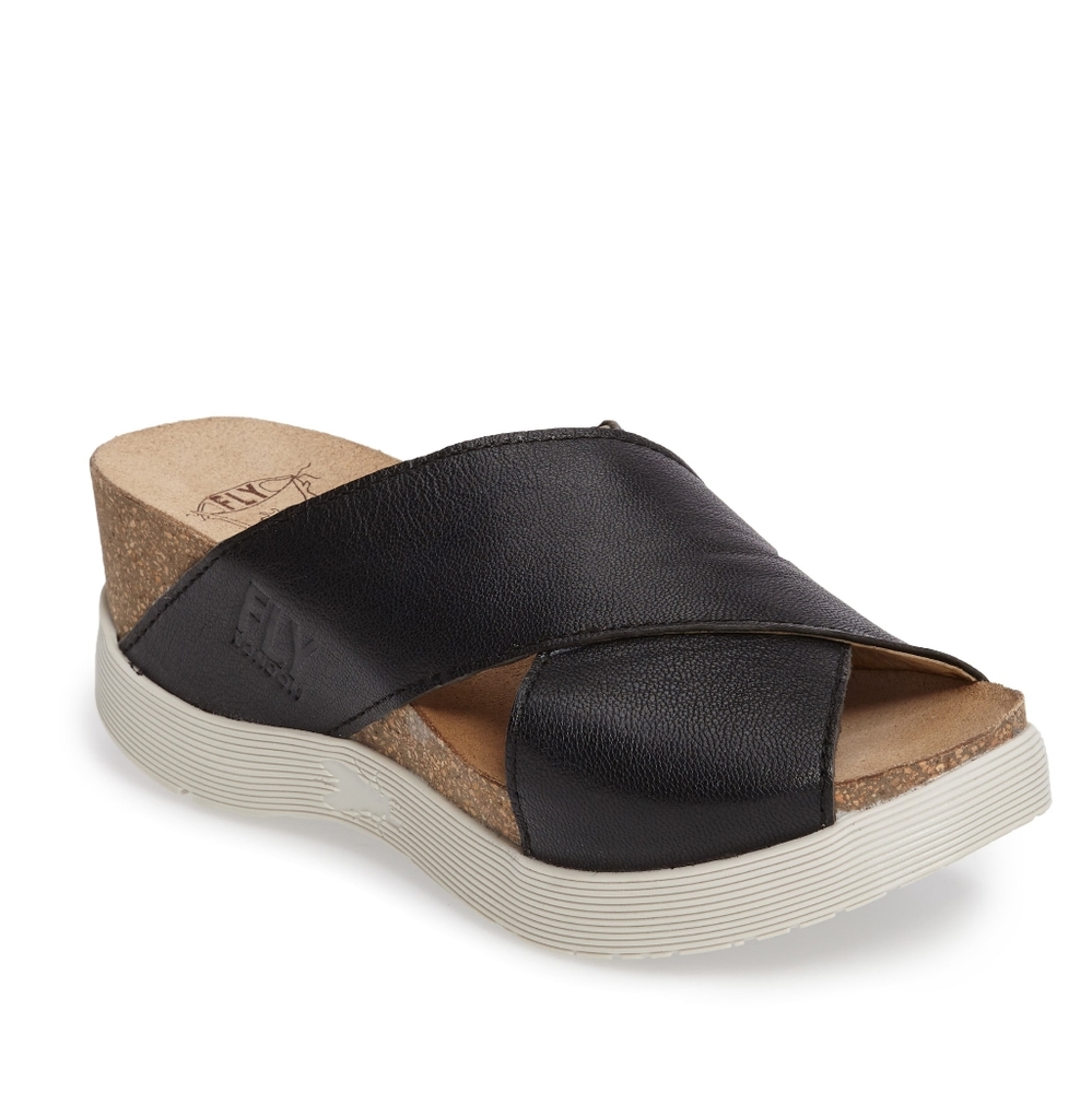 Fly London Wary 895 black leather wedge sandals
